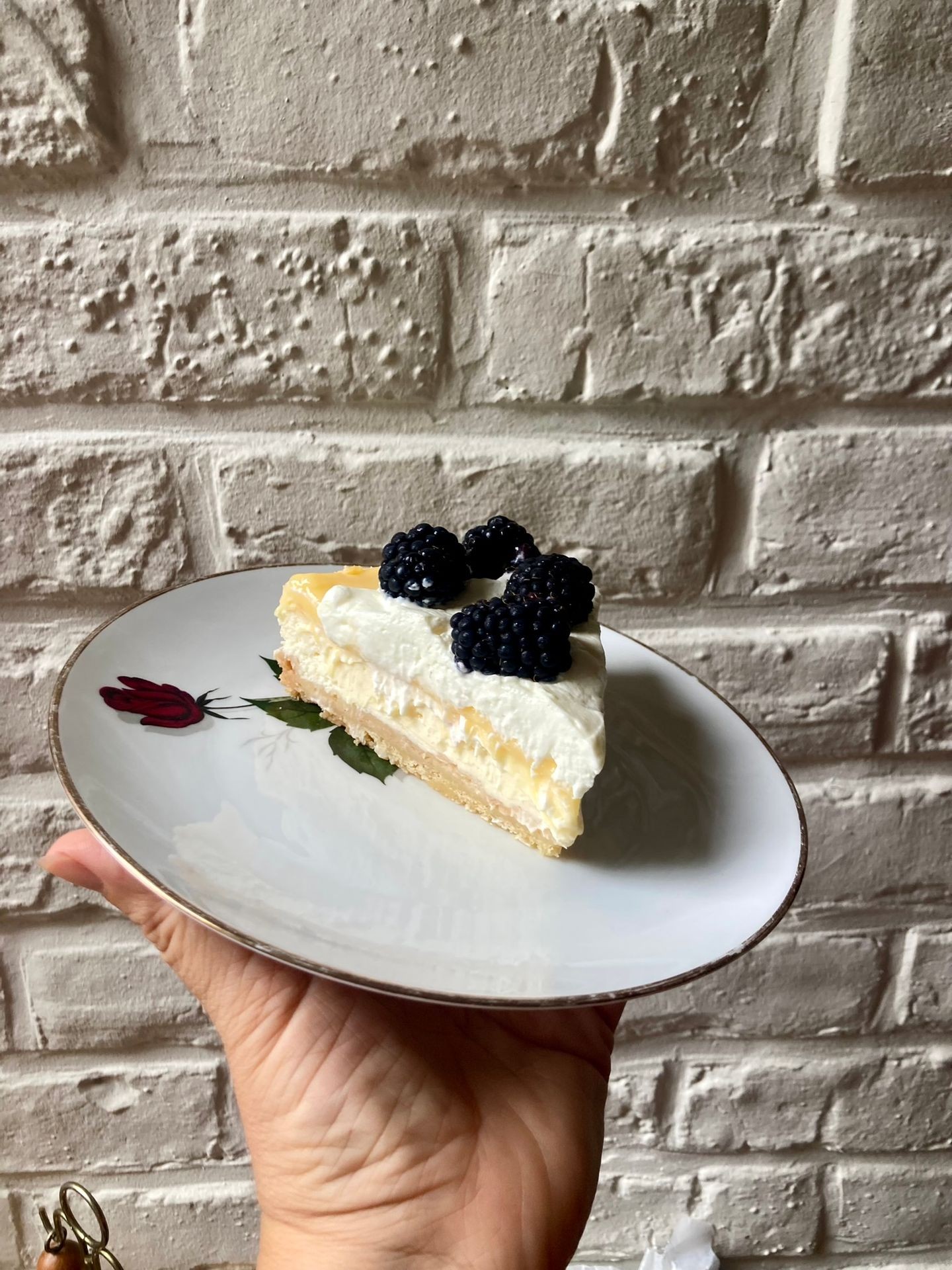 Slice of cake with cream and blackberries on a floral plate against a textured brick wall.