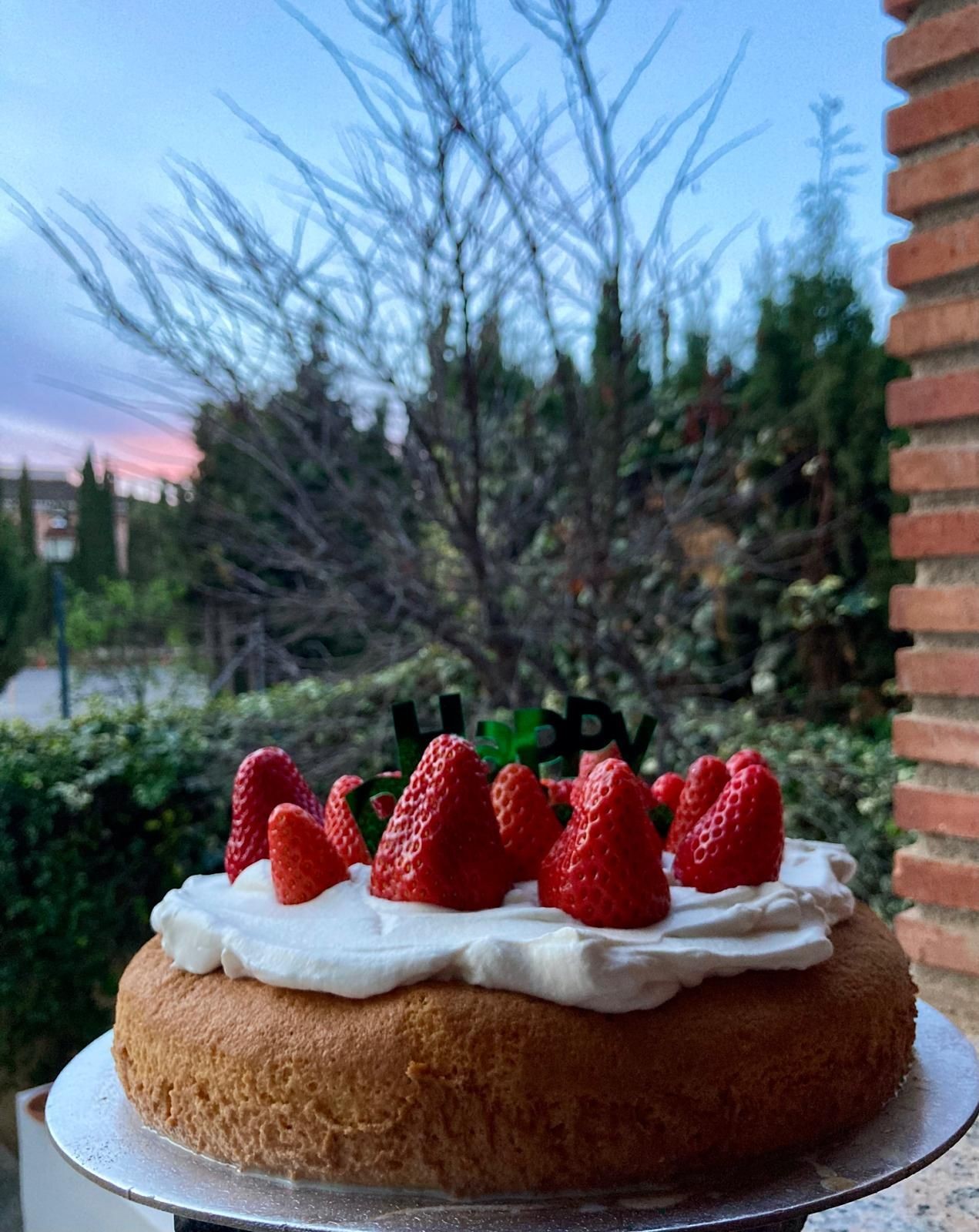 Cake topped with whipped cream and strawberries, set outdoors with trees in the background.