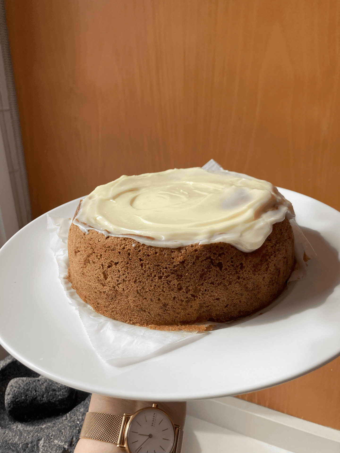 Hand holding a plate with a round cake topped with white icing.