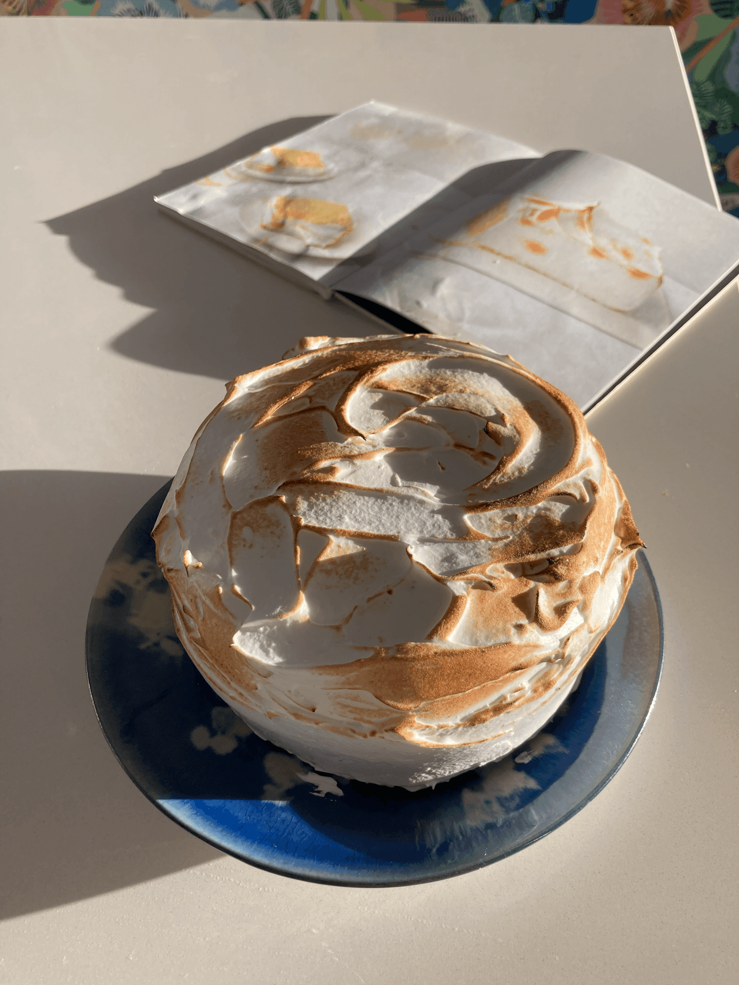 A beautifully browned baked Alaska dessert on a blue plate with an open cookbook in the background.